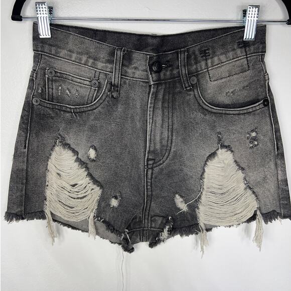 R13 Shredded Slouch Distressed Gray Black Denim Jean Shorts Women 27 Grunge - Picture 1 of 9